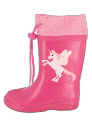 Botte de pluie en caoutchouc rose avec un design de licorne, semelle texturée, haut à cordon de serrage et accents en forme de fer à cheval sur le revers.