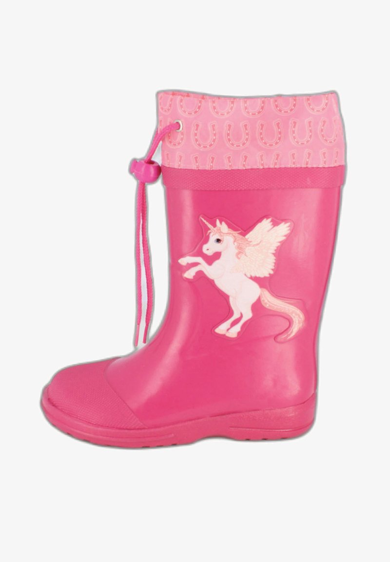Botte de pluie en caoutchouc rose avec un design de licorne, semelle texturée, haut à cordon de serrage et accents en forme de fer à cheval sur le revers.