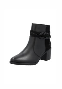 Bottine noire en cuir et suède, dotée d'une sangle tressée, d'un bout pointu et d'un talon carré. Surface lisse avec des contrastes de textures subtils.