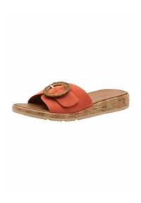 Sandalo a scivolo in suede arancione con un accento circolare intrecciato, suola in sughero a cuneo e forma sagomata per il comfort. La soletta texture offre grip.
