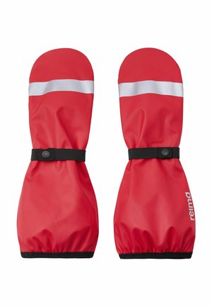 Rote wasserdichte Handschuhe mit glatter Textur, ausgestattet mit einem silbernen reflektierenden Streifen und schwarzen elastischen Bündchen für einen sicheren Sitz.