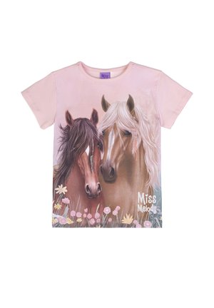 Pink short-sleeve shirt with two horses, one brown and one beige with white mane, above colorful flowers and "Miss Melody" text.