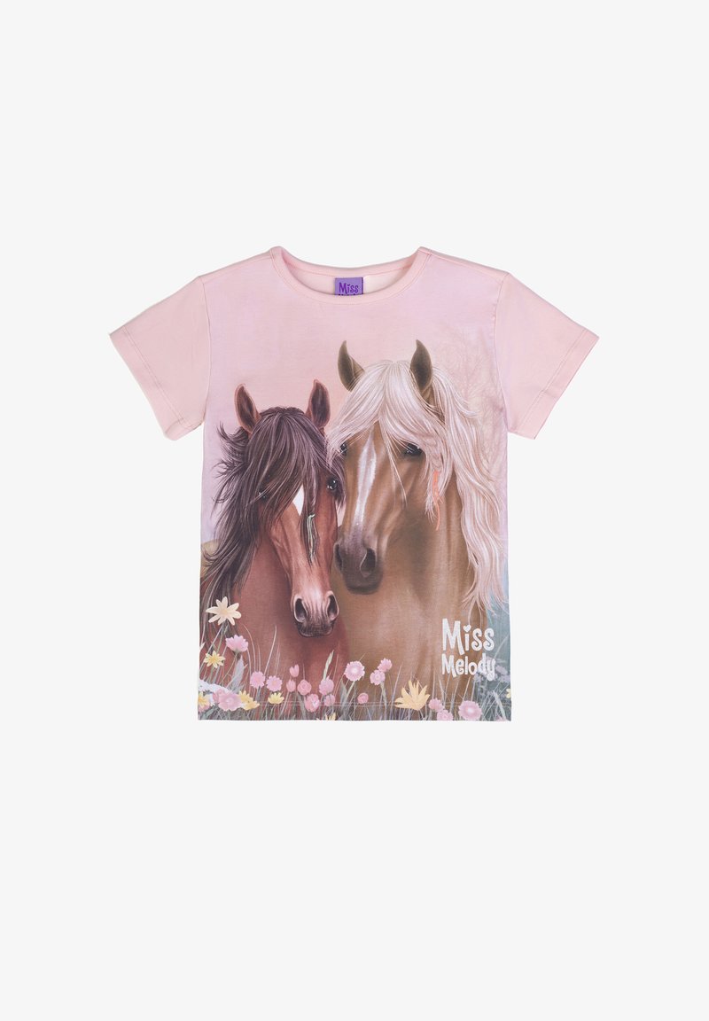 Camicetta rosa a maniche corte con due cavalli, uno marrone e uno beige con criniera bianca, sopra fiori colorati e la scritta "Miss Melody".