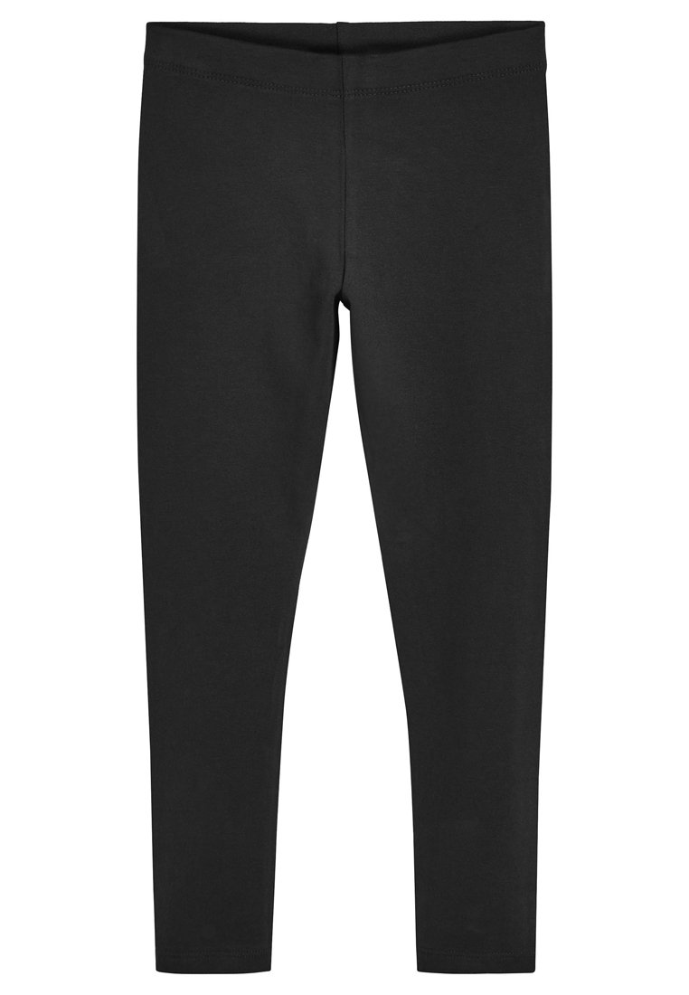 Leggings neri realizzati in un tessuto morbido e elasticizzato; design aderente con una vita e senza cuciture o motivi visibili. Lunghezza che arriva fino alle caviglie.