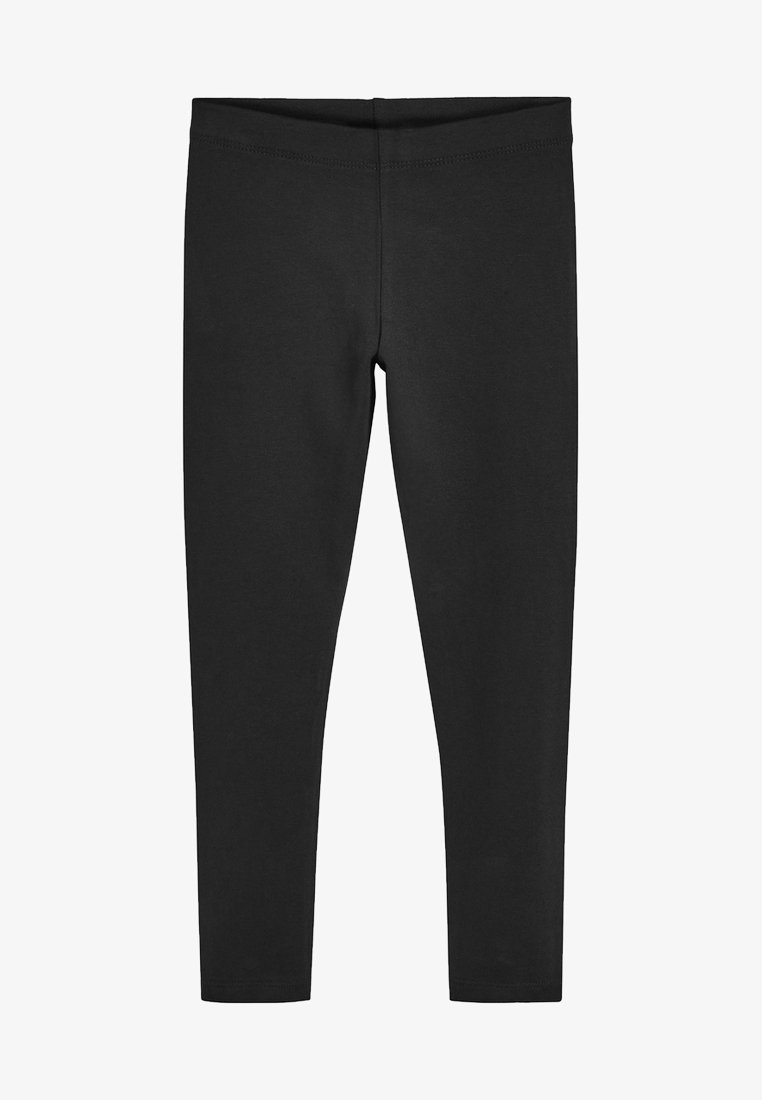 Leggings neri realizzati in un tessuto morbido e elasticizzato; design aderente con una vita e senza cuciture o motivi visibili. Lunghezza che arriva fino alle caviglie.