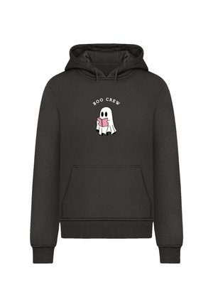 Schwarzer Hoodie mit Fronttasche, der ein weißes Gespenst zeigt, das ein rosafarbenes Buch liest, und den Text "BOO CREW" darüber. Weicher Stoff.