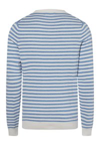 Svetr modro-bílý pruhovaný s kulatým výstřihem a dlouhými rukávy. Tkanina se zdá být měkká a hladká, s úzkými a rovnoměrnými pruhy.