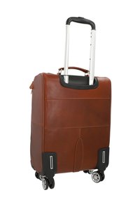 Brun læderskuffe med teleskophåndtag, top håndtag, fire hjul og subtile syninger. Har en glat, mat overflade.