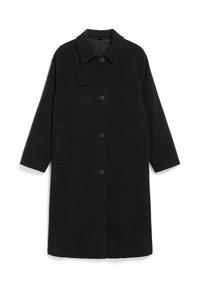 Schwarzer langer Wollmantel mit Kragen, vier vorderen Knöpfen, zwei Seitentaschen und einem knopfbaren Nackenriemen auf einem weißen Hintergrund.