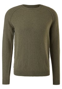 Grüner gestrickter Pullover mit rundem Halsausschnitt, langen Ärmeln, geripptem Saum und Raglanärmeln. Weiche Textur und minimalistisches Design.
