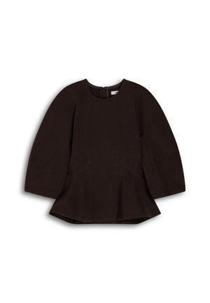 Blouse peplum marron foncé avec des manches longues et larges, encolure ronde et fermeture éclair au dos. Fabriquée en tissu doux avec une texture lisse.