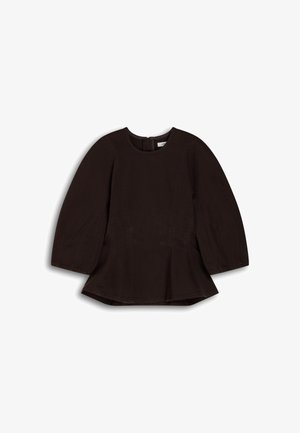 Dunkelbraune Peplum-Bluse mit langen, weiten Ärmeln, rundem Halsausschnitt und Reißverschluss hinten. Hergestellt aus weichem Stoff mit glatter Textur.