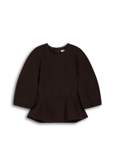 Dunkelbraune Peplum-Bluse mit langen, weiten Ärmeln, rundem Halsausschnitt und Reißverschluss hinten. Hergestellt aus weichem Stoff mit glatter Textur.
