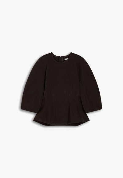 Dunkelbraune Peplum-Bluse mit langen, weiten Ärmeln, rundem Halsausschnitt und Reißverschluss hinten. Hergestellt aus weichem Stoff mit glatter Textur.