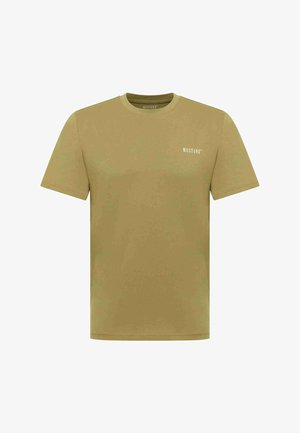 Olivgrünes T-Shirt mit kurzen Ärmeln und rundem Halsausschnitt, mit kleinem weißem "MUSTANG"-Logo auf der linken Brust.