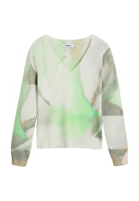 V-hals trui gemaakt van zachte stof; heeft een mix van groene, beige en grijze abstracte patronen; lange mouwen met ribbelboorden.