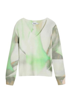 V-neck sweater made of soft fabric; features a blend of green, beige, and gray abstract patterns; long sleeves with ribbed cuffs.