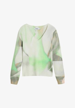Maglione a V in morbido tessuto; presenta un mix di motivi astratti in verde, beige e grigio; maniche lunghe con polsini a costine.