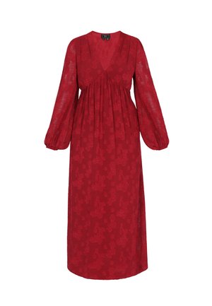 Rochie roșie, cu mâneci lungi, confectionată dintr-un material texturat cu un model floral. Are un guler în formă de V, talie strânsă și o siluetă fluidă.