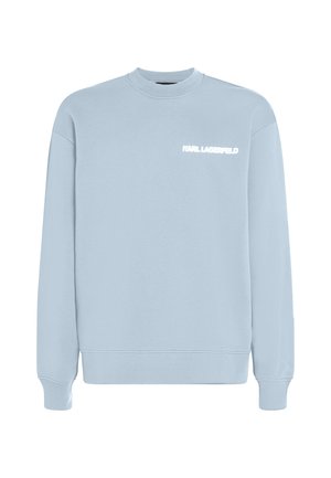 Felpa blu chiaro realizzata in morbido tessuto, con maniche lunghe, collo rotondo e logo bianco "KARL LAGERFELD" sull'area sinistra del petto.
