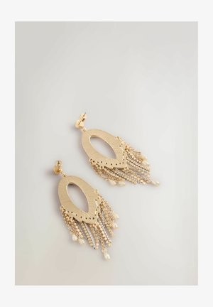 Aukso auskarai ovalo formos, su tekstūruotu paviršiumi ir krintančiomis grandinėlėmis, papuoštos mažomis karoliukais ir akcentais.