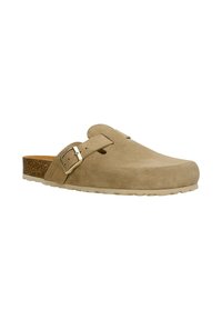 Zoccoli in suede beige con punta arrotondata, cinturino regolabile con fibbia e soletta in sughero. Suola in gomma leggera con un motivo testurizzato.