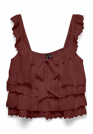 Rynket ærmeløs mørkerød crop top med øjelet blonderkant og frontsløjfe.