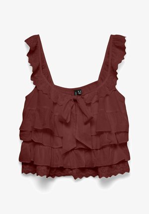 Rynket ærmeløs mørkerød crop top med øjelet blonderkant og frontsløjfe.