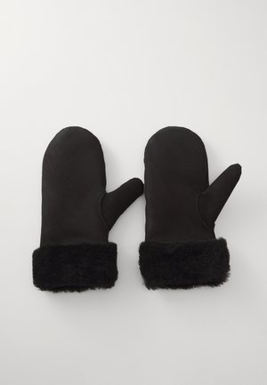 Zwarte wanten gemaakt van zacht materiaal met een nepbont manchet, met een ronde vorm en een enkele duimcompartiment voor warmte.