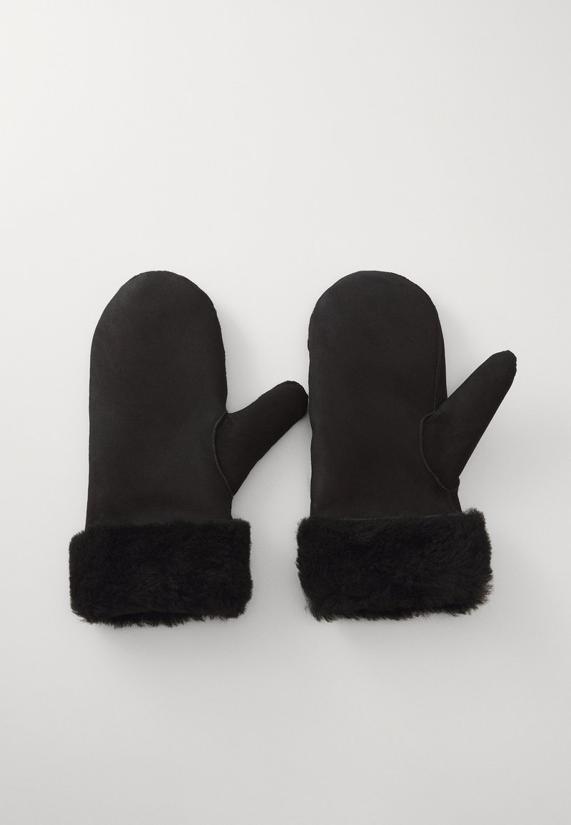 Black mittens made of soft material with a faux fur cuff, featuring a rounded shape and a single thumb compartment for warmth.