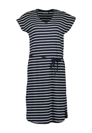 Abito a righe blu navy e bianche con scollo a V, maniche corte a cappuccio e cintura in vita. Realizzato in tessuto leggero con spacco laterale.