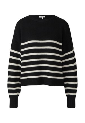 Maglione nero lavorato a maglia con strisce orizzontali bianche sul corpo e sulle maniche, dotato di un collo rotondo e polsini e orlo a coste.