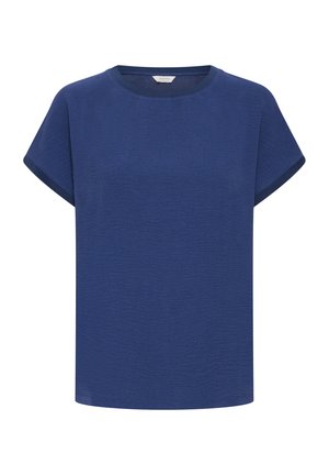 Blue, short-sleeve top with a round neckline. Made of textured fabric with a slightly loose fit and contrasting darker trim at the sleeves.