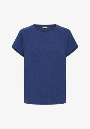 Modra kratka majica s kratkimi rokavi in okroglim izrezom. Iz tkanine z teksturo, z rahlo ohlapnim krojem in kontrastnim temnejšim obrobjem na rokavih.