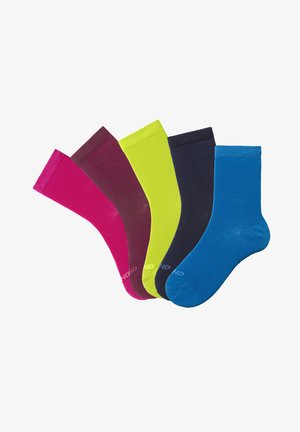 Five pairs of crew socks in vibrant colors: pink, maroon, neon green, navy, and blue. Made of smooth, stretchy material, with a ribbed top.