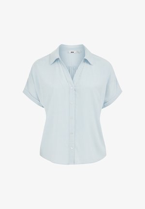 Gaiši zils īsroku krekls ar plānām vertikālām baltām svītrām un smailu apkakli.