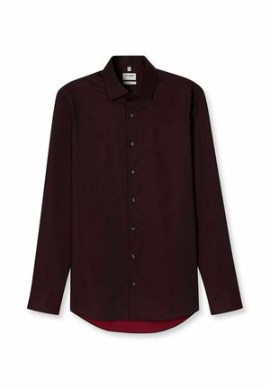 Langarmshirt in diep bordeaux, met een knoopsluiting, zwarte knopen en een gebogen zoom met een contrasterende binnenkleur.