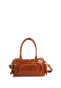 Sac à main en cuir marron avec deux poignées et une bandoulière amovible. Dispose de plusieurs poches zippées et d'une texture lisse.