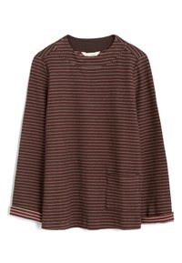 Halenka s dlouhým rukávem v burgundské barvě s jemnými horizontálními pruhy v červené a béžové, kulatý výstřih a náprsní kapsa na pravé straně.