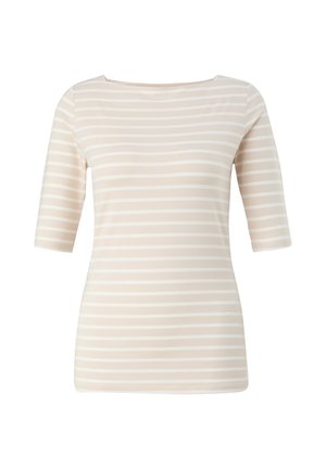 Beżowo-biała bluzka w paski z krótkimi rękawami, dekoltem w serek i miękką teksturą materiału. Paski są równomiernie rozmieszczone.