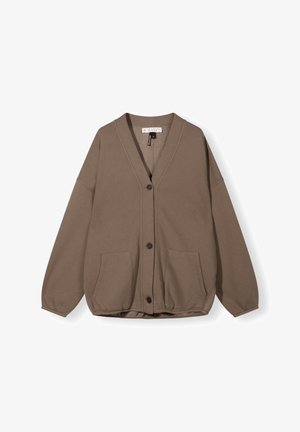 Brown button-up cardigan with V-neck, long sleeves, two front pockets, and a relaxed fit.