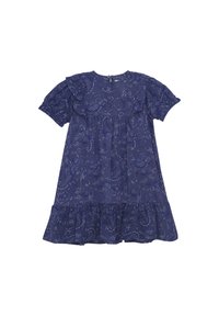 Dunkelblaues Kleid mit kurzen, rüschenbesetzten Ärmeln, Paisleymuster, gestuftem Rock und einem Reißverschluss auf der Rückseite. Baumwollmaterial, leichtes Gewebe.
