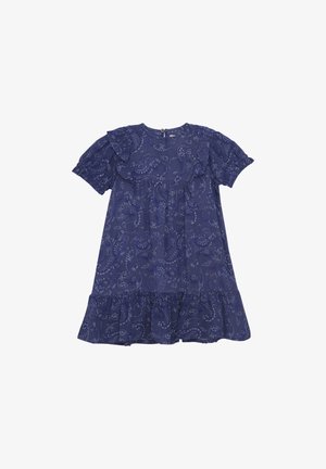 Vestido azul oscuro con mangas cortas acampanadas, estampado de cachemira, falda de volantes y cierre de cremallera en la parte posterior. Material de algodón, textura ligera.