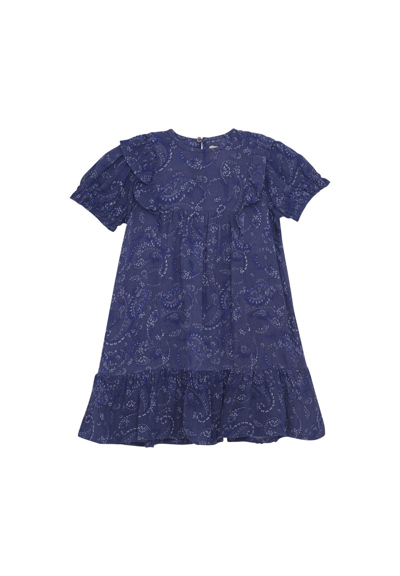 Dunkelblaues Kleid mit kurzen, rüschenbesetzten Ärmeln, Paisleymuster, gestuftem Rock und einem Reißverschluss auf der Rückseite. Baumwollmaterial, leichtes Gewebe.