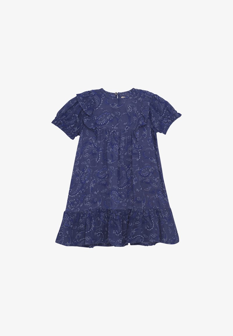 Dunkelblaues Kleid mit kurzen, rüschenbesetzten Ärmeln, Paisleymuster, gestuftem Rock und einem Reißverschluss auf der Rückseite. Baumwollmaterial, leichtes Gewebe.