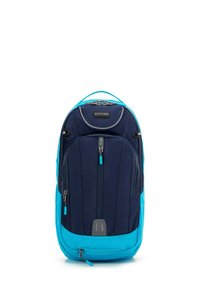 Zaino blu navy e turchese, realizzato in tessuto resistente. Presenta numerosi scomparti con cerniera, schiena imbottita e spallacci regolabili.