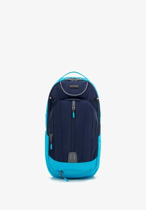 Mochila en navy y turquesa, hecha de tela duradera. Cuenta con múltiples compartimentos con cremallera, respaldo acolchado y correas ajustables.