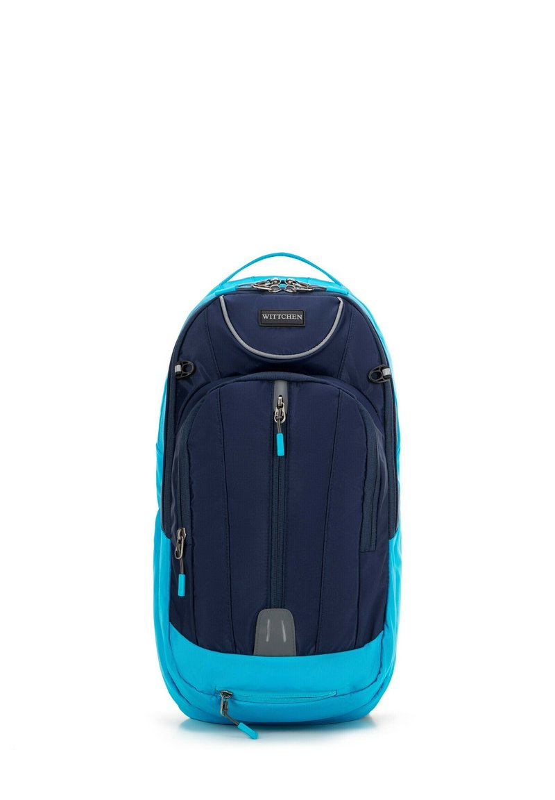 Zaino blu navy e turchese, realizzato in tessuto resistente. Presenta numerosi scomparti con cerniera, schiena imbottita e spallacci regolabili.