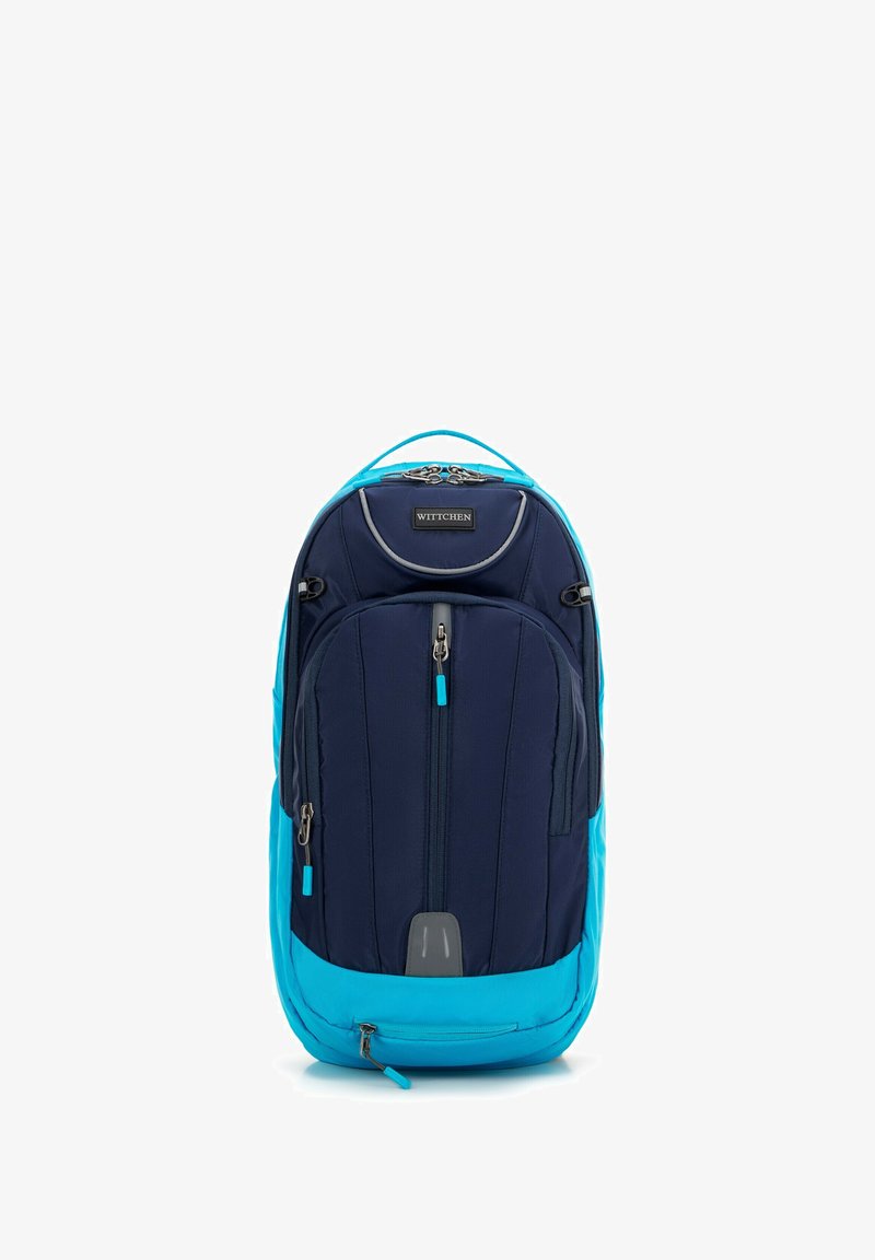 Námořnický a tyrkysový batoh, vyrobený z odolné tkaniny. Obsahuje několik zipových kapes, polstrovaná záda a nastavitelné popruhy.