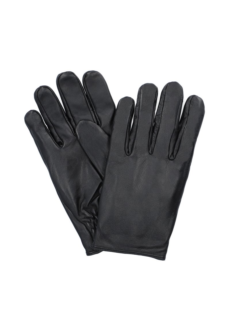 Czarne skórzane rękawiczki o gładkiej fakturze, z designem na pięć palców i dopasowanym nadgarstkiem. Prosta, nieozdobiona konstrukcja.